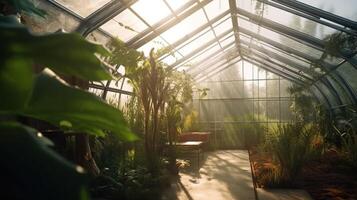 generativ ai, Grün Haus von das Glas, Zeltglas Garten mit ein Menge von Pflanzen. fotorealistisch Wirkung. foto