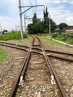 Surakarta, Indonesien, Januar 2023. Eisenbahn Kreuzungen und isoliert mit Oberlauf Leistung Gitter foto