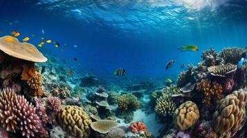 unter Wasser Koralle Riff Landschaft Super breit Banner Hintergrund im tief Blau Ozean. Illustration ai generativ foto
