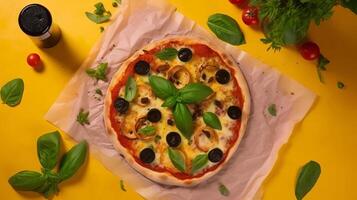 Peperoni Pizza auf lebendig Hintergrund. Illustration ai generativ foto
