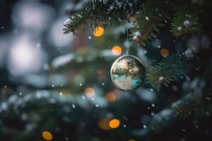 Aussicht von Weihnachten Baum Dekorationen auf ein Grün Nadelbaum Baum mit etwas Schnee und Sanft Bokeh Beleuchtung im das Hintergrund erstellt mit generativ ai Technologie. foto