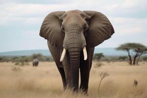 ein groß Elefant Stier im das Savanne erstellt mit generativ ai Technologie. foto