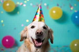 ein süß Hund mit ein Party Hut und Party funkeln erstellt mit generativ ai Technologie. foto