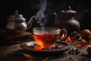 ein gemütlich Tee Szenario Konzept mit dämpfen Tee im ein Tasse und Tee Blätter erstellt mit generativ ai Technologie. foto