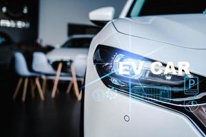 ev Auto 2023 Technologie Hintergrund Technik ev Laden Bahnhof zum elektrisch Auto zum Transport Automobil Automobil industriell und Auto Öko Leistung produziert 2023 Technologie Ladegerät Bahnhof Technik co2 foto