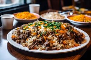 ai generiert plov National Usbekistan Essen auf das Tabelle von Restaurant foto