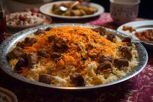 ai generiert plov National Usbekistan Essen auf das Tabelle von Restaurant foto