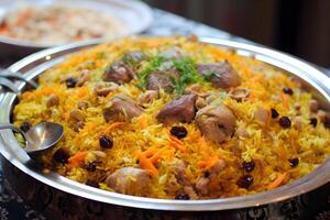 ai generiert plov National Usbekistan Essen auf das Tabelle von Restaurant foto