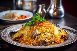 ai generiert plov National Usbekistan Essen auf das Tabelle von Restaurant foto