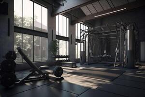 modern Fitnessstudio Innere mit verschiedene Ausrüstung. Luxus Konzept. generativ ai foto