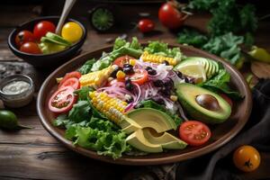 Mexikaner Salat mit frisch saisonal Zutaten auf Tisch. ai generiert foto