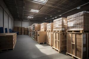 effizient Lagerung. Solar- angetrieben, Luft erhitzt Warenhaus mit organisiert Karton Boxen. ai generiert foto