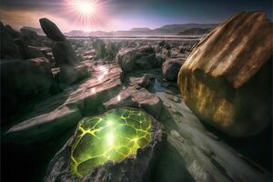 groß Felsen Sitzung auf oben von ein sandig Strand. generativ ai. foto