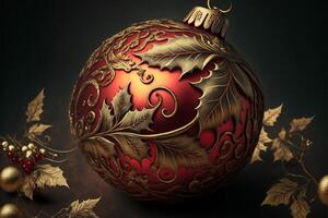 rot und Gold Weihnachten Ornament mit Stechpalme Blätter. generativ ai. foto
