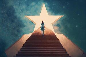 Frau Gehen oben ein Flug von Treppe gegenüber ein Stern. generativ ai. foto
