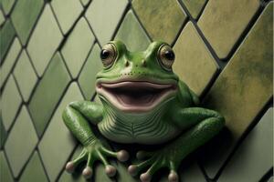 schließen oben von ein Frosch auf ein gefliest Boden. generativ ai. foto