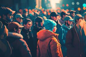 Gruppe von Menschen Stehen Nächster zu jeder andere auf ein Straße. generativ ai. foto