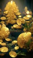 Bündel von Gold Münzen schwebend im ein Teich von Wasser. generativ ai. foto