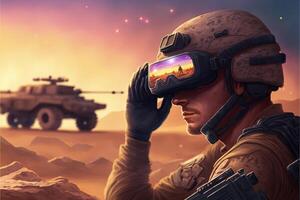 Mann tragen ein Helm und Brille mit ein Panzer im das Hintergrund. generativ ai. foto