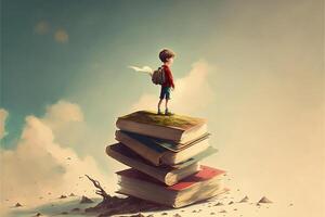 Junge Stehen auf oben von ein Stapel von Bücher. generativ ai. foto