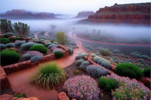 szenisch Aussicht von ein nebelig Senke im das Wüste. generativ ai. foto