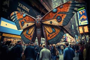 ein groß Schmetterling Skulptur im das Mitte von ein überfüllt Straße. generativ ai. foto