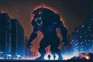 Riese Monster- Stehen im das Mitte von ein Stadt beim Nacht. generativ ai. foto