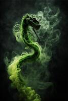Grün Drachen im Rauch auf ein schwarz Hintergrund. generativ ai. foto