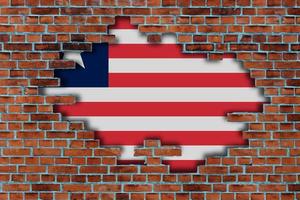 3d Flagge von Liberia hinter das gebrochen alt Stein Mauer Hintergrund. foto