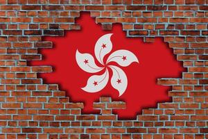3d Flagge von Hong kong hinter das gebrochen alt Stein Mauer Hintergrund. foto