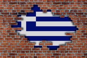 3d Flagge von Griechenland hinter das gebrochen alt Stein Mauer Hintergrund. foto
