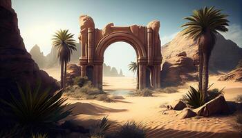 Wüste Portal Oase, Digital Kunst Illustration, generativ ai foto