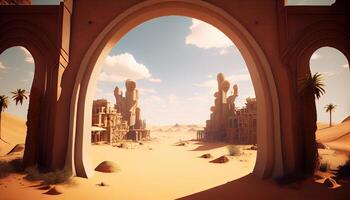 Wüste Portal Stadt, Digital Kunst Illustration, generativ ai foto