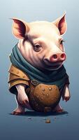 Porträt von ein süß Schwein im ein mittelalterlich Rüstung auf ein Blau Hintergrund. ai generiert foto
