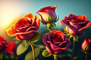 3d Illustration von rot und Gelb Rose Blumen Über dunkel Blau Hintergrund. ai generiert foto