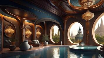 3d Rendern von ein Fantasie Zimmer mit ein Schwimmbad und ein Terrasse. ai generiert foto