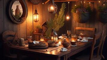 Innere von ein rustikal hölzern Haus mit Weihnachten Dekorationen und Kerzen. ai generiert foto