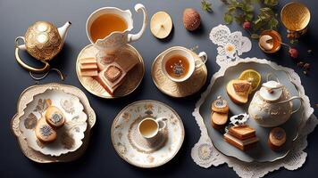Tee einstellen auf ein schwarz Hintergrund. Tee Tasse, Untertasse, Teekanne, Teetasse, Kekse. oben Sicht. ai generiert foto