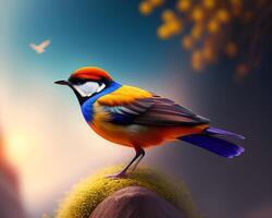 bunt Vogel auf ein Hintergrund von Natur. 3d Illustration. ai generiert foto