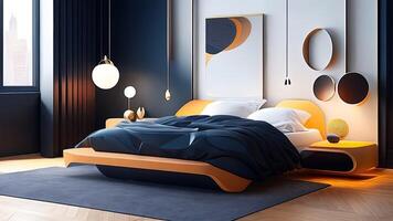 Innere von modern Meister Schlafzimmer mit schwarz und Weiß Wände, hölzern Boden, komfortabel König Größe Bett mit Orange Decke und runden Spiegel. ai generiert foto