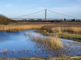 Far Ings Naturschutzgebiet, Lincolnshire, England, mit der Humber Bridge im Hintergrund foto
