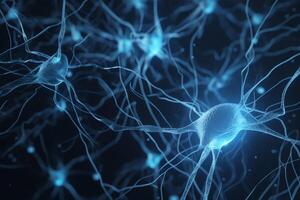 Blau Nerv Zelle Banner zum Gehirn Biologie. ai generiert foto