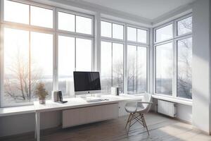 Licht Büro mit Computer und Panorama- Fenster. ai generiert foto