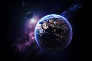 lila Raum Hintergrund von Erde und Mond. ai generiert foto