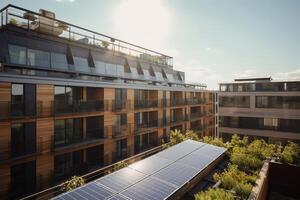 Dach Solar- Array zum verlängerbar Energie im nachhaltig Stadt Planung. ai generiert foto