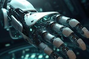 Roboter Hand im virtuell Welt. ai generiert foto