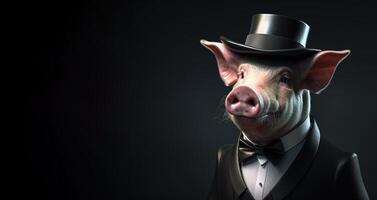 Gentleman, das Boss ist ein Fett Schwein, ein Ferkel im ein Hut, passen und binden. Banner Header. ai generiert. foto