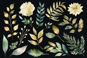 Aquarell Blumen- einstellen mit Gold Grün Blatt Geäst zum Hochzeiten und Mode. ai generiert foto