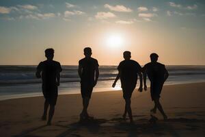 ein Gruppe von Kinder spielen auf das Strand. neural Netzwerk ai generiert foto