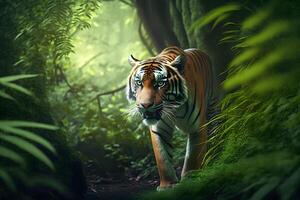 Tiger wild im das Dschungel. neural Netzwerk ai generiert foto